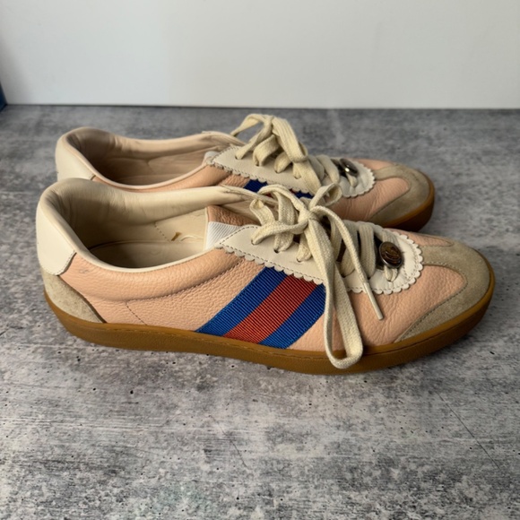 Gucci G74 Web Leather And Suede Pink Oatmeal Casual Sneakers - Picture 1 of 8